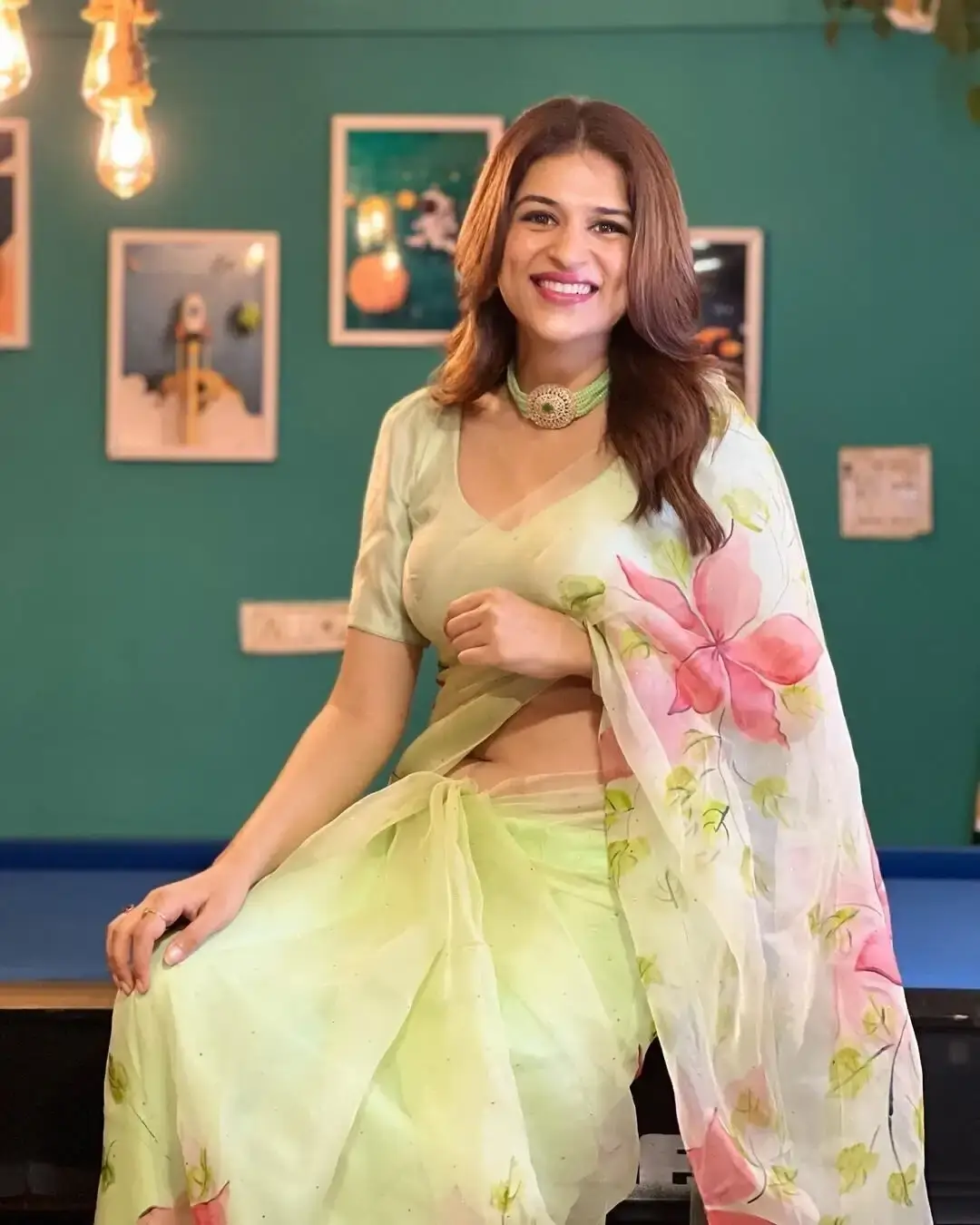 South Indian Shraddha Das in Transparent Green Saree